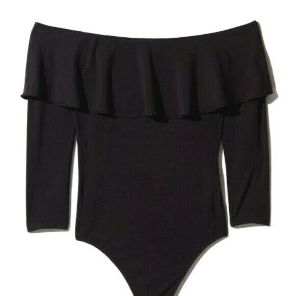 Aritzia Wilfred Black Off the Shoulder Ruffle Thong Bodysuit size Small